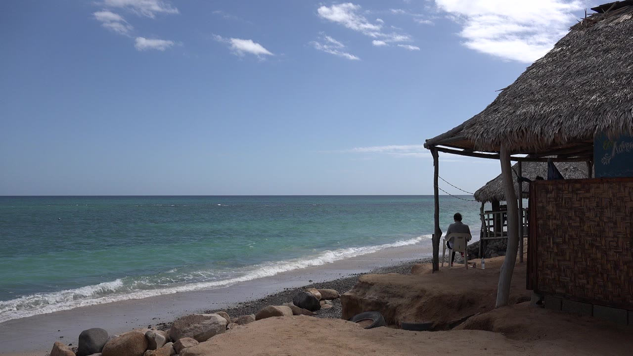 Thatched beach hut beside a turquoise shoreline with waves on sand.