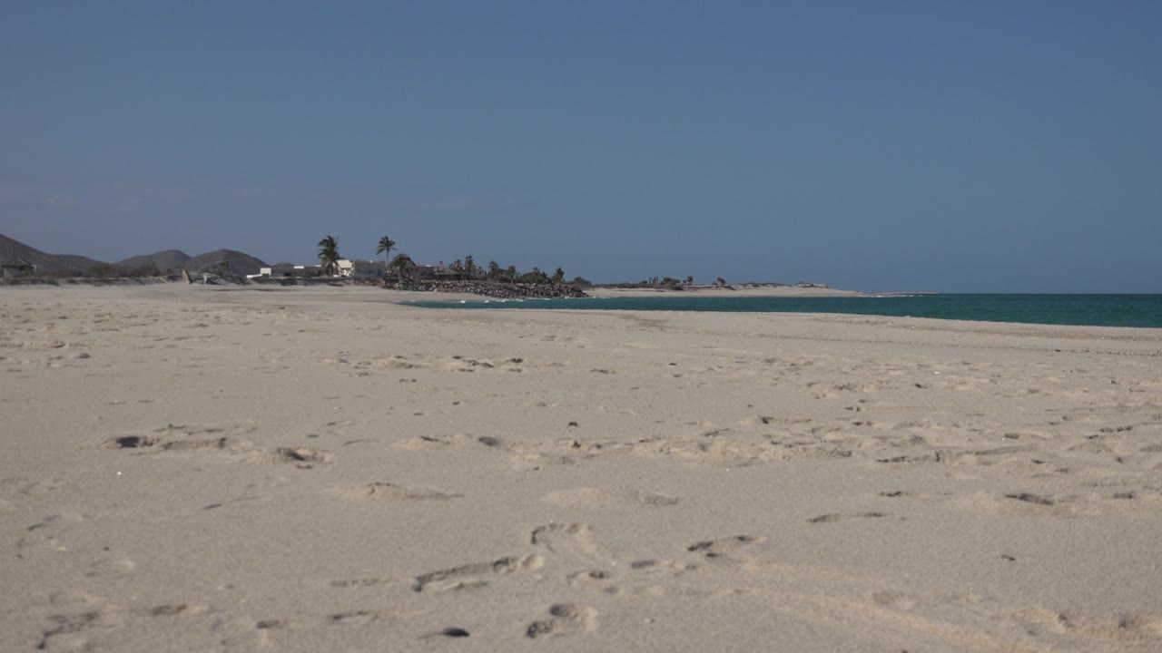 Cabo Pulmo shoreline one second in, showing a low beach-level view across pale sand toward blue-green water, palm trees, small distant structures, low hills, and no visible people.
