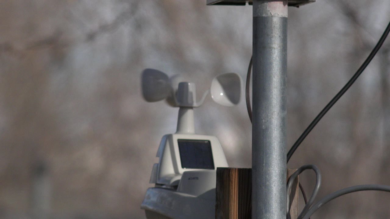 At 0:00, a Westminster, Colorado wind speed instrument sits beside a metal pole with its small panel facing camera and no visible people in the frame.