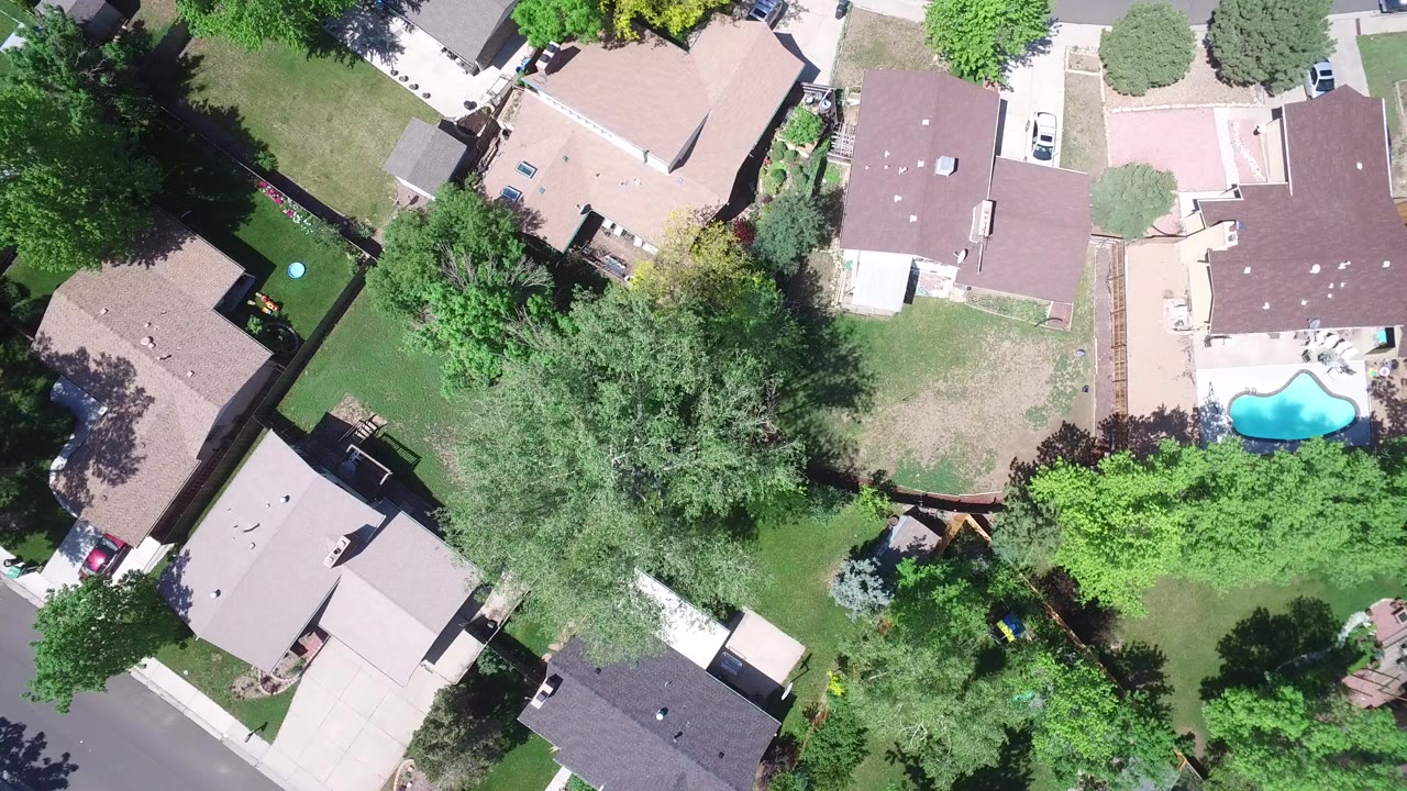 Overhead view of suburban homes, trees, lawns, and a backyard pool.