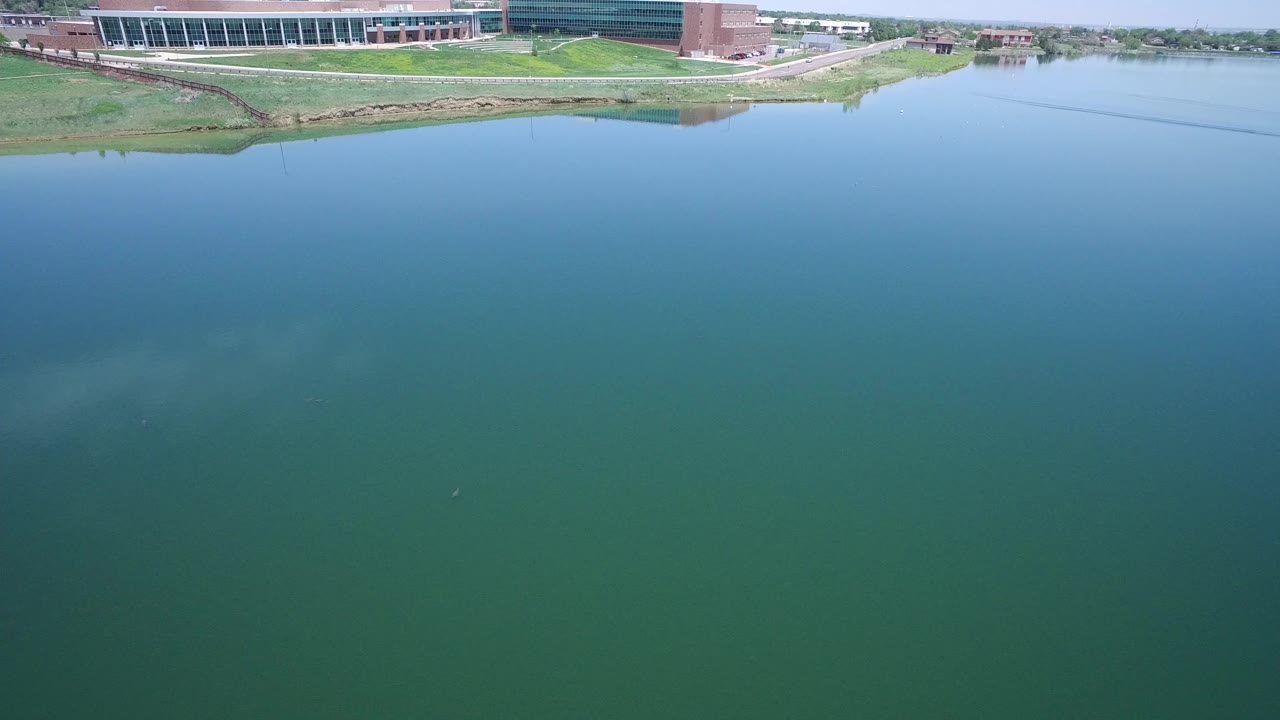 Aerial view in Westminster, Colorado showing blue-green lake water in the foreground, a grassy shoreline and path, and large brick-and-glass industrial park buildings at the top of frame with no visible people.
