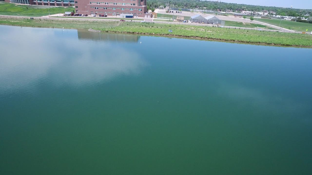 Westminster, Colorado aerial still showing calm green water, a bright cloud reflection, shoreline grass, a road with cars, and no visible people.