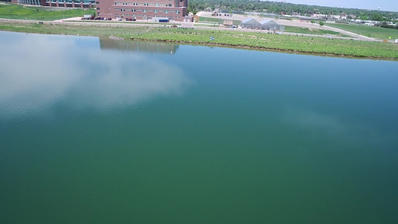 Wide aerial water view with road, grass, and low buildings at the top