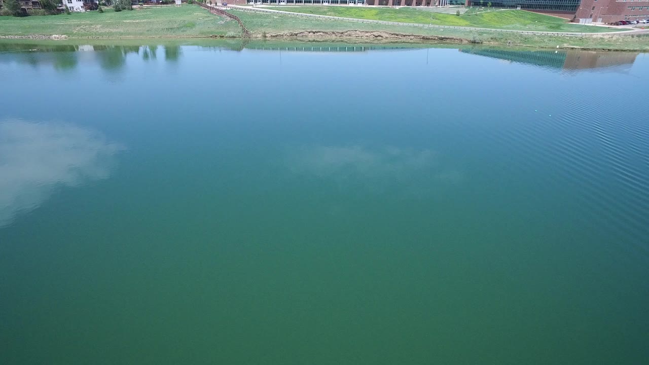 Blue-green river water with grassy bank and buildings at the top edge.