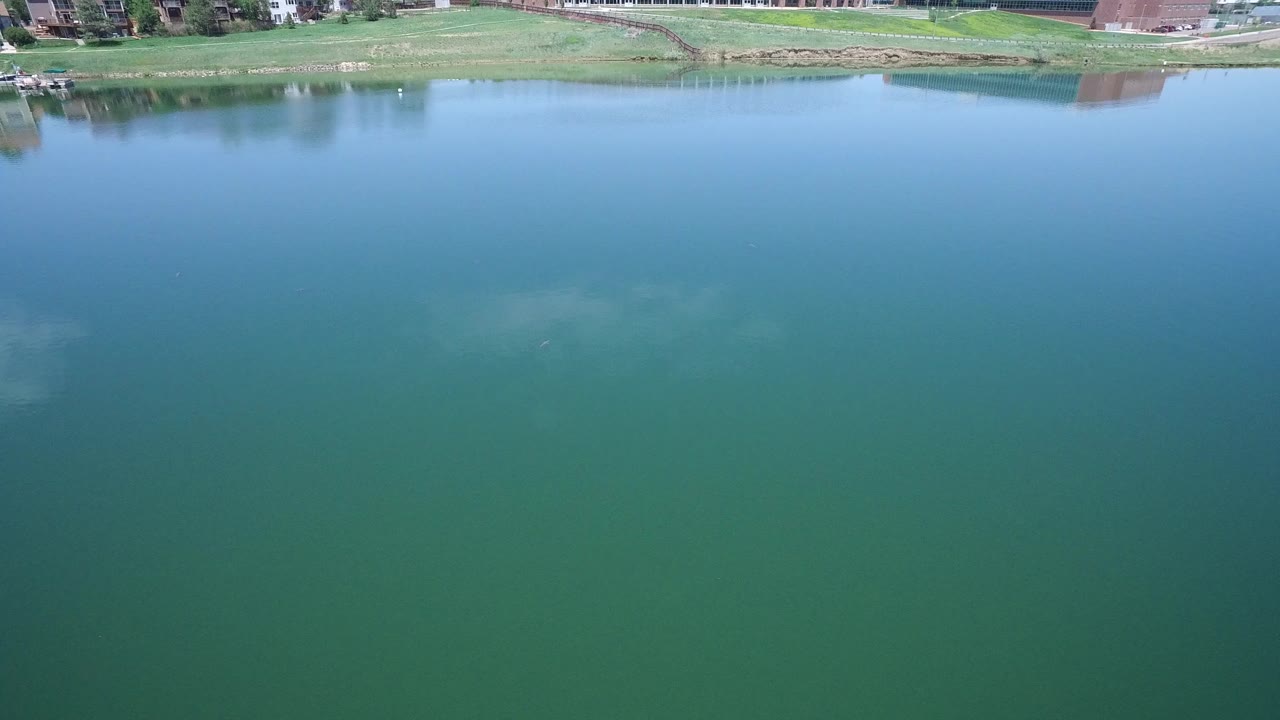Opening aerial view of a blue-green lake in Westminster, Colorado, with grassy shore, distant homes, faint water reflections, and no visible people.