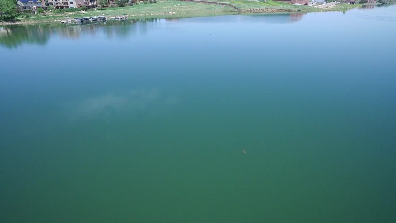The second frame holds on expansive water in Westminster, Colorado, with faint cloud reflections and a thin band of homes and grass at the top.