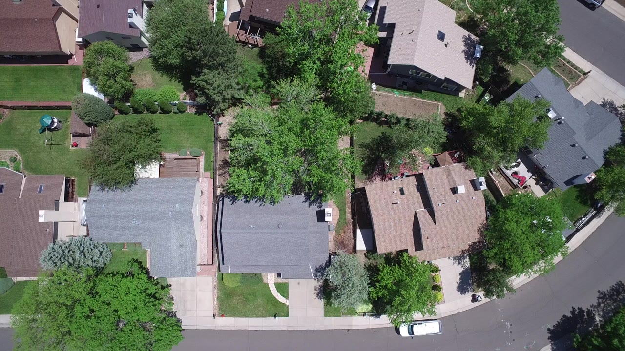 Overhead view of suburban houses, lawns, trees, and a curved street.