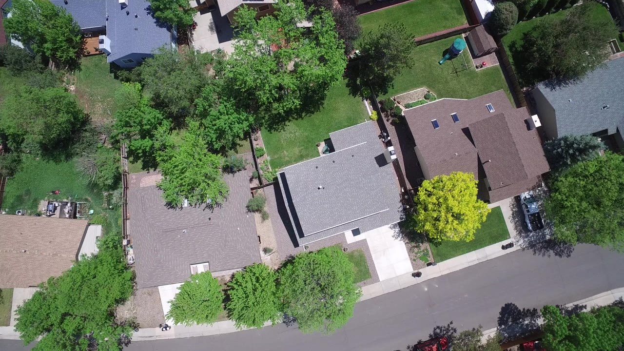 Overhead Westminster, Colorado neighborhood frame showing clustered rooftops, a bright green tree, shaded yards, a curving residential street, parked vehicles, and no visible people.