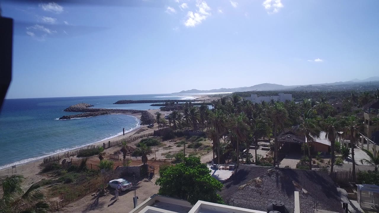Beach resort area beside blue water and palm trees under bright sky
