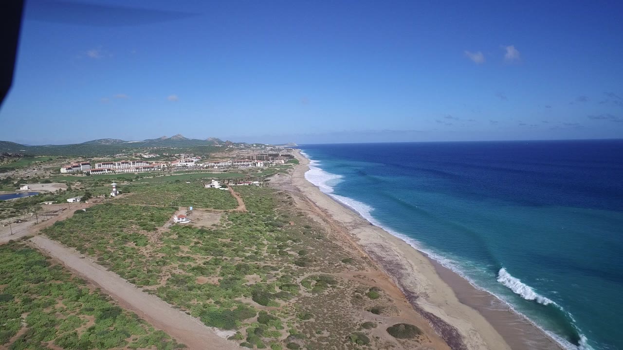 Aerial view of scrubland, sandy beach, and blue ocean