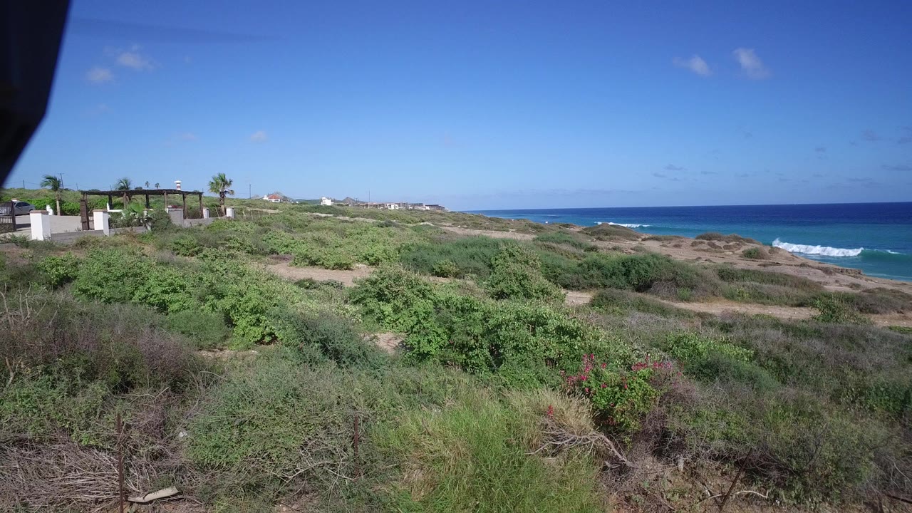 Wide view over brush-covered hillside in Playita, Baja California Sur, with distant houses at left, blue ocean on the horizon, and no visible people.
