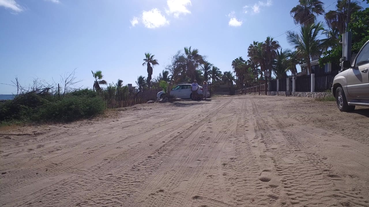 Sandy coastal road with a parked car, people, palms, and ocean at left.