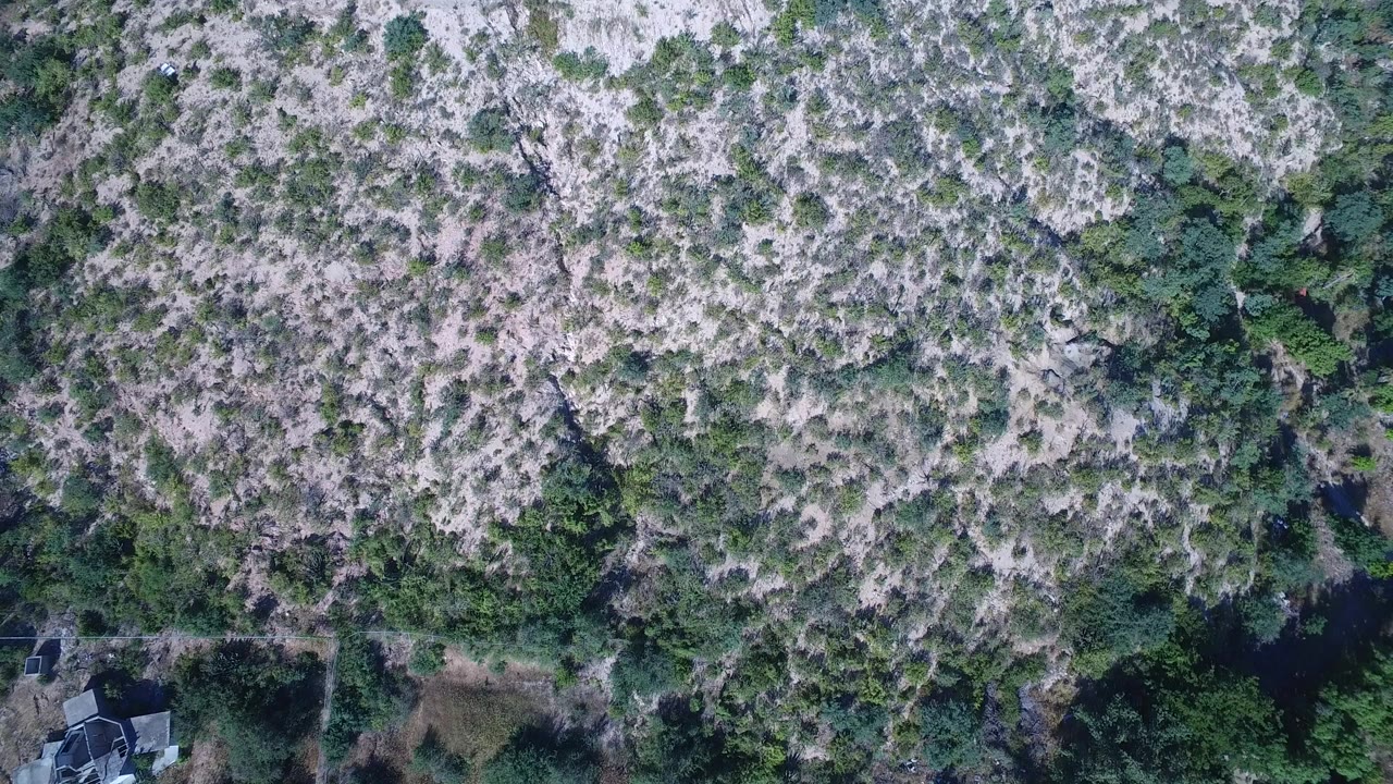 High overhead view of scrubby field terrain in Playita, Baja California Sur, Mexico, with pale dirt, scattered green shrubs, darker vegetation patches, and no visible people.