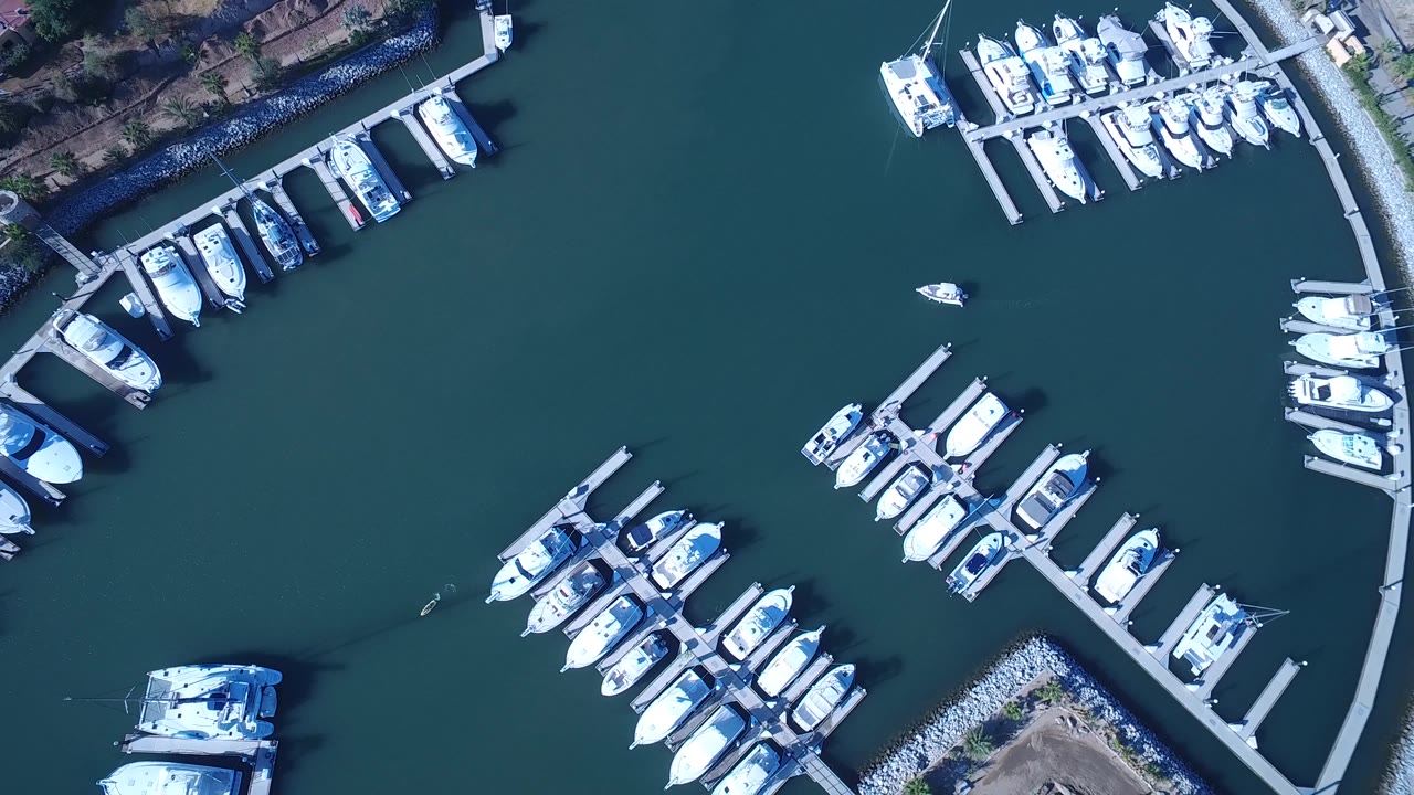 White boats arranged along docks beside a curved marina edge.