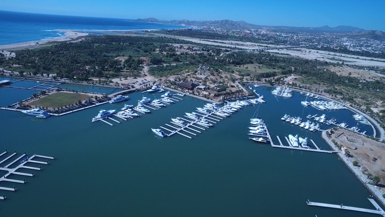Wide aerial frame in San Jose del Cabo with the marina basin below, clustered boats on both sides, sandy coastline beyond the trees, open ocean, and no visible people.