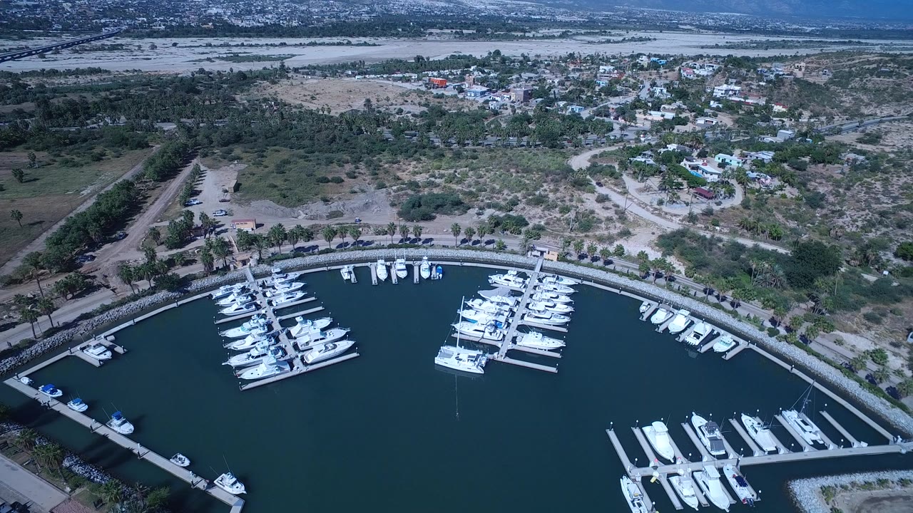 Aerial view of boats docked in a curved marina beside dry land and trees.