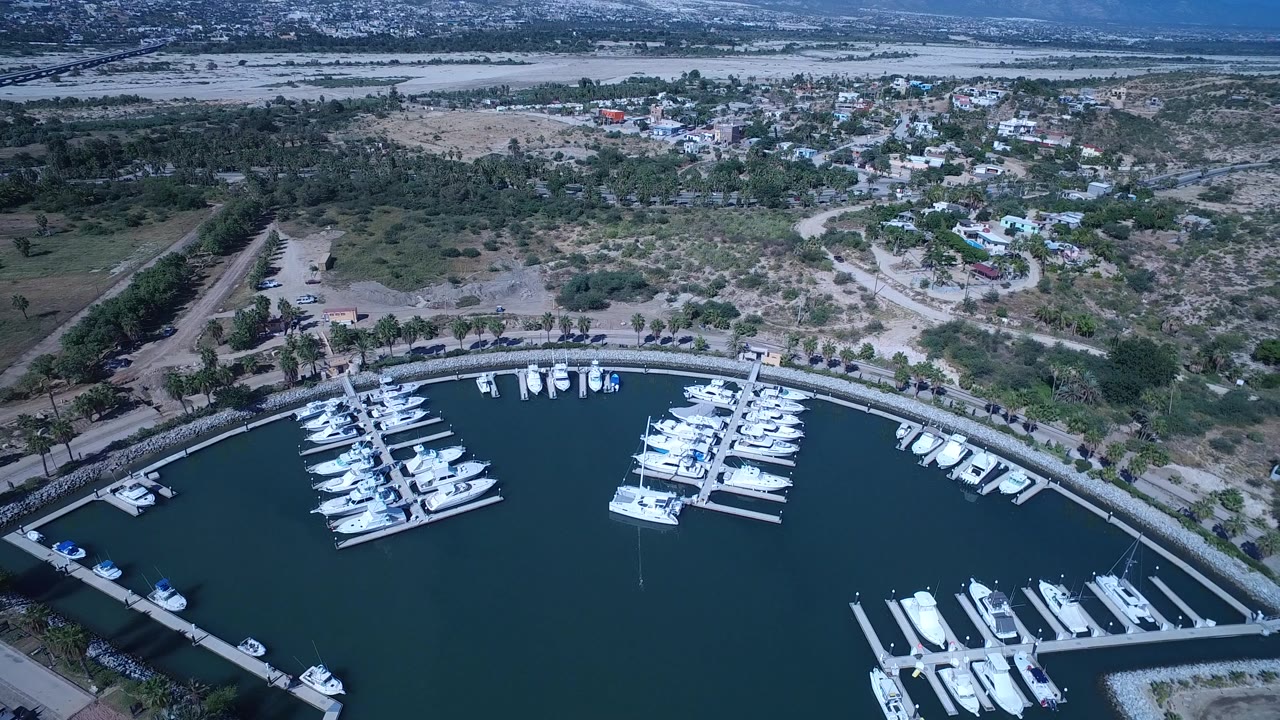 Aerial view in San Jose del Cabo showing rows of white boats in a marina, a central dock, shoreline roads, green tree cover, low homes beyond the water, and no visible people.