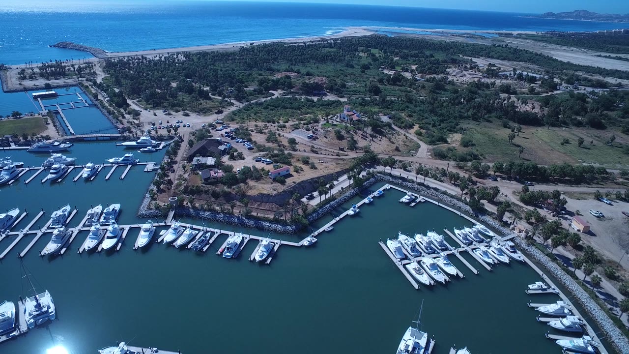 San Jose Del Cabo marina fills the lower frame with clustered white boats, while tree-covered land, a pale shoreline, open sea, and no visible people sit beyond the harbor.