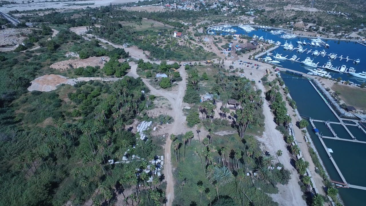 Aerial frame in San Jose del Cabo showing a pale dirt road splitting green brush and palms, with rectangular dock structures and moored boats beyond, no visible people.