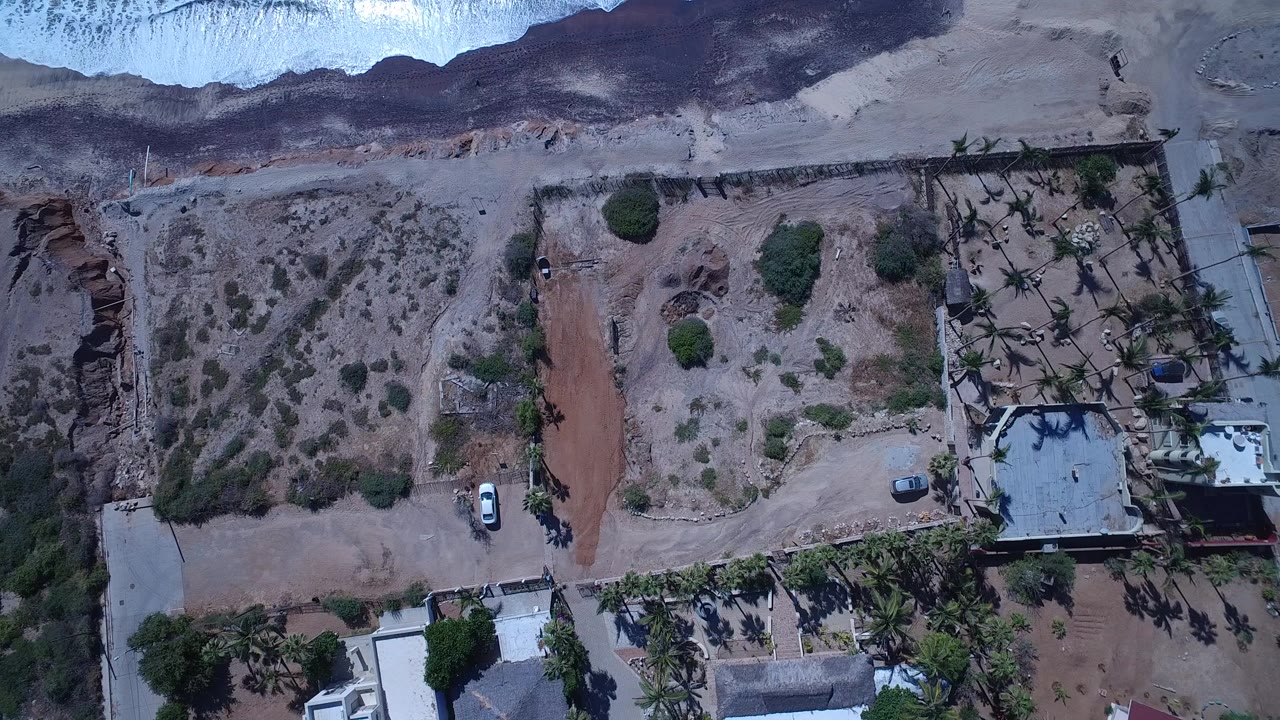 Overhead coastal lots, houses, palms, and surf