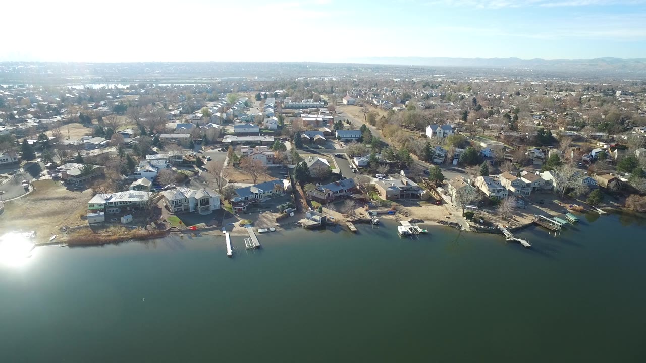Suburban waterfront homes seen from above