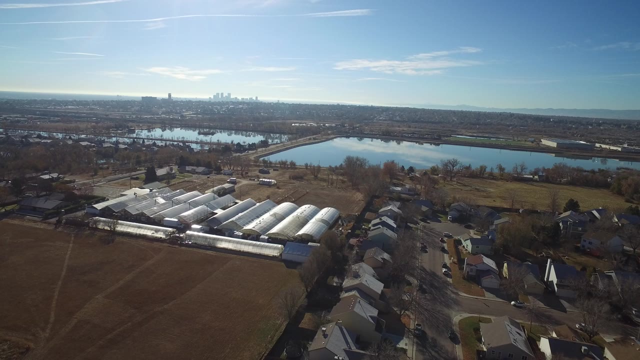 Aerial view of fields, greenhouses, homes, water, and distant skyline.