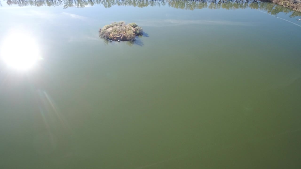 Overhead water view with sun glare and a small island near the top.