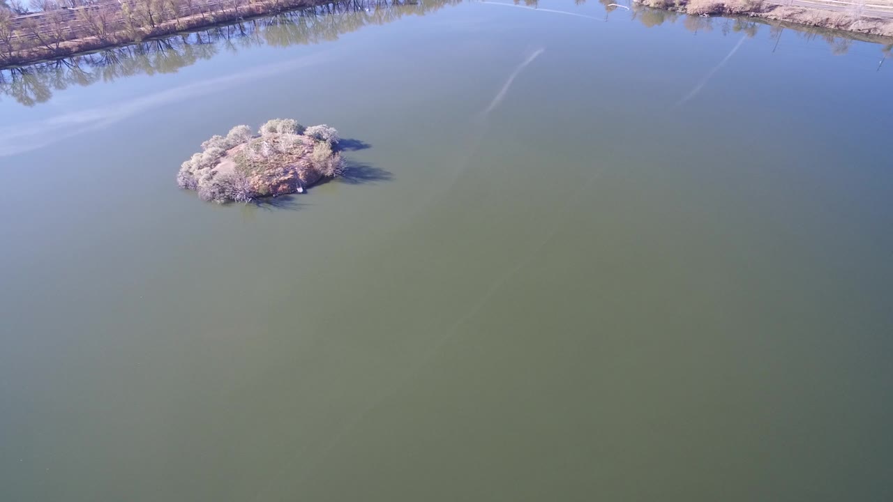 Aerial frame over Westminster, Colorado lake water with a small brushy island near the upper left, distant bare shoreline at the top, sun glare on the water, and no visible people.