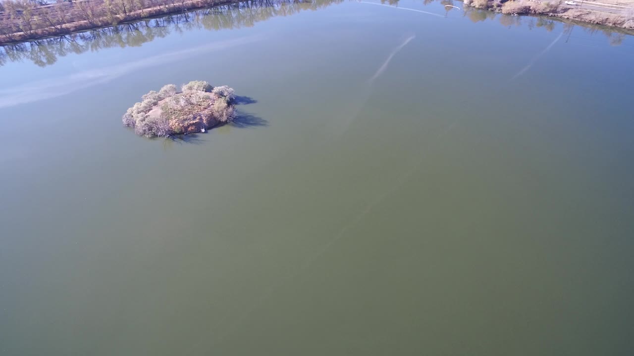 Wide aerial over lake water with the brushy island near the upper middle of frame.