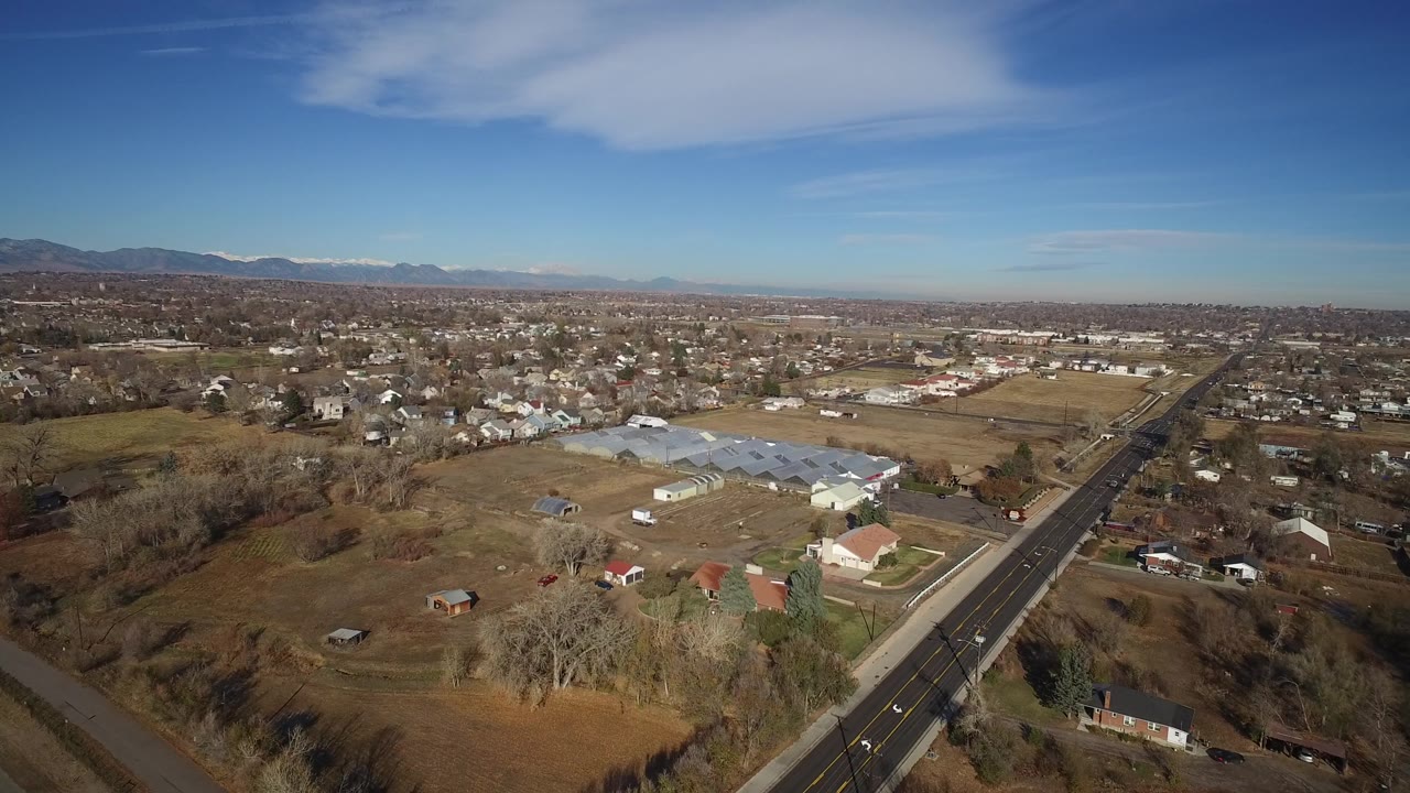 Aerial neighborhood view with road, homes, bare trees, and mountains in the distance.