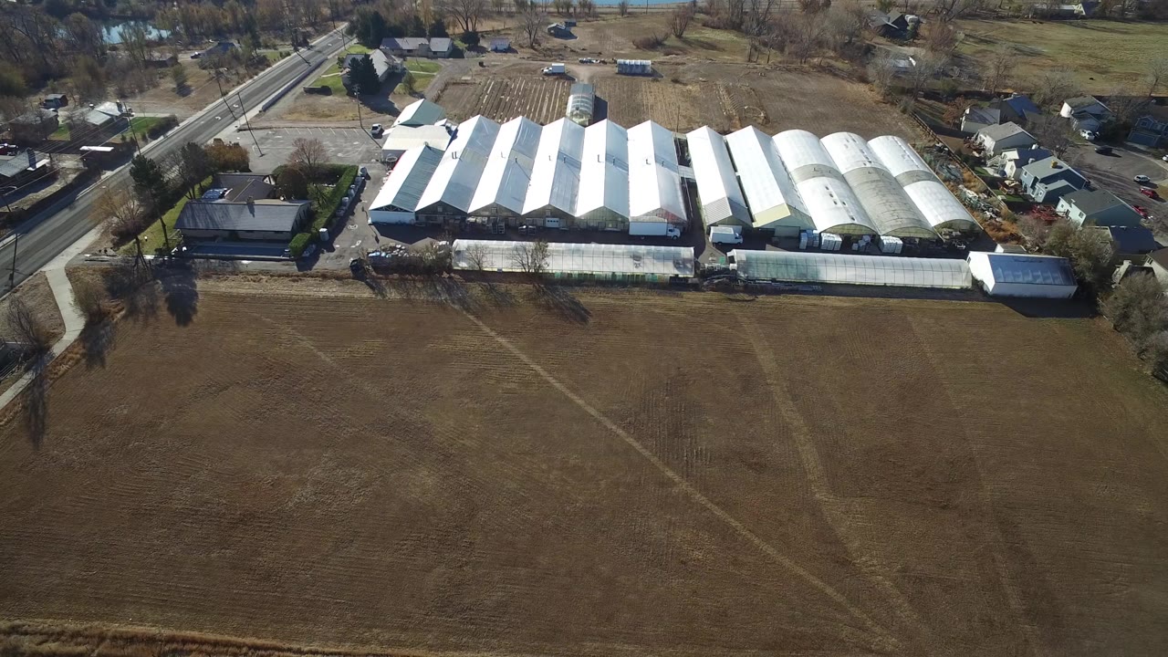 Aerial frame in Westminster, Colorado, with the farm development stretching across the upper half of the shot and a dry brown field filling the foreground, no visible people.