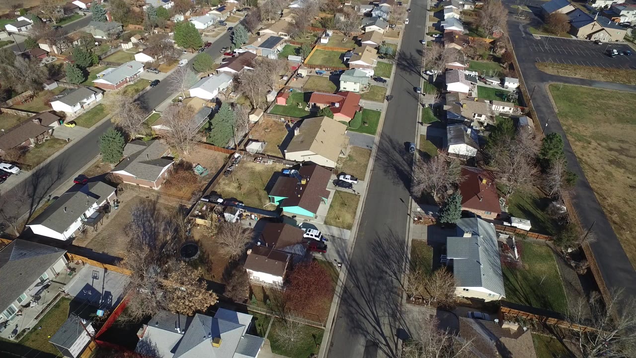 Overhead view of suburban houses, yards, roads, and trees.