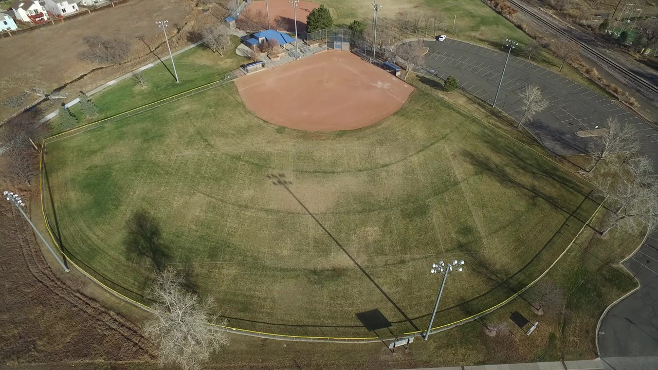 Overhead view of an empty baseball diamond and outfield.