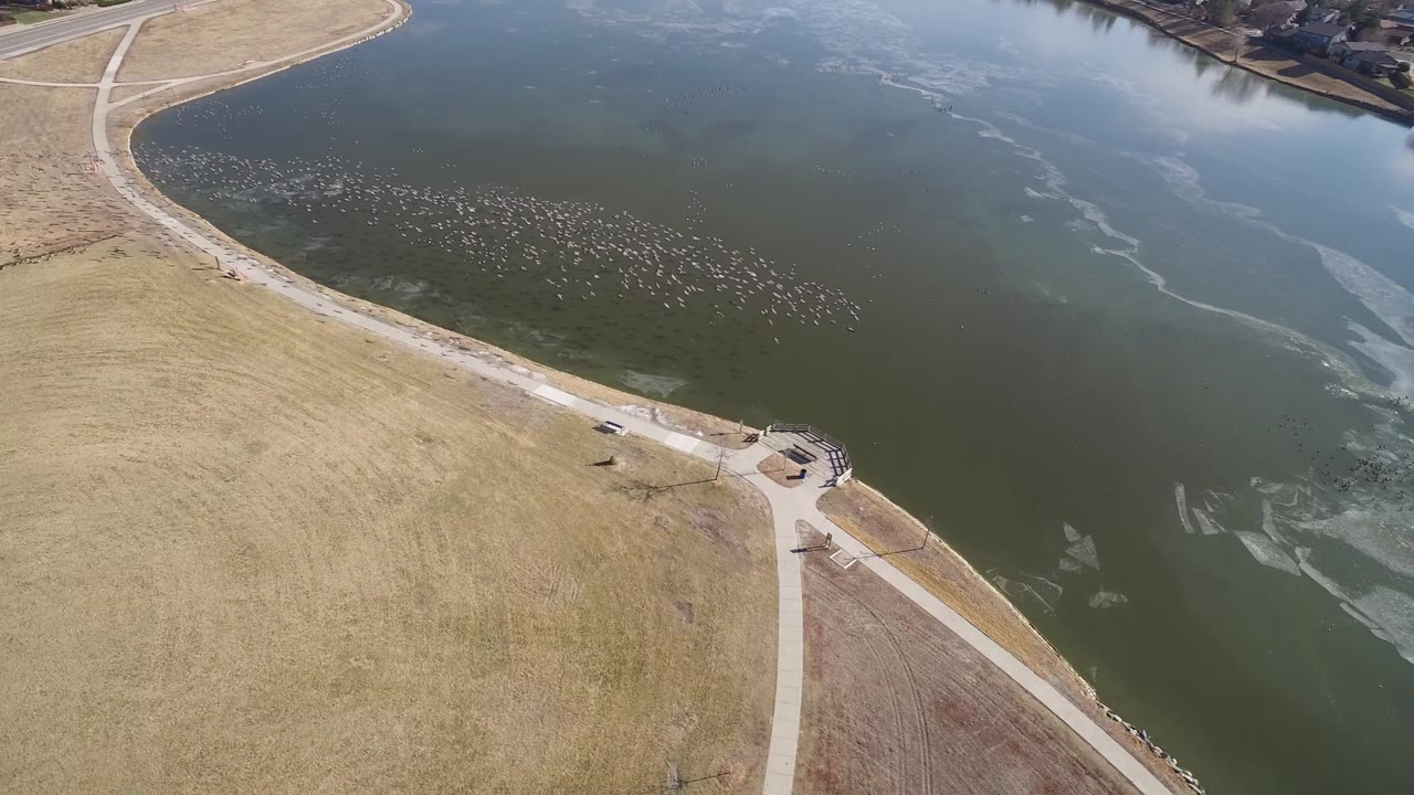 Aerial view of a lakeside path, dry grass, and green-blue water.