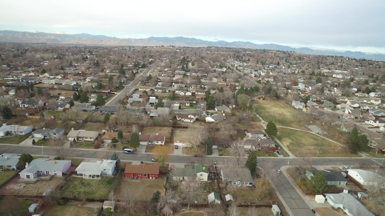 Mid-clip aerial frame across Westminster, Colorado residential blocks, with muted lawns, scattered evergreens, bare deciduous trees, and distant blue-gray hills, with no visible people.