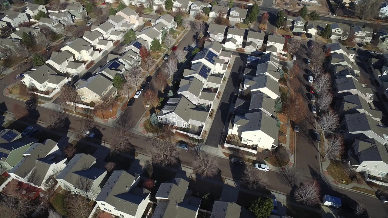 Aerial view of small houses and residential streets
