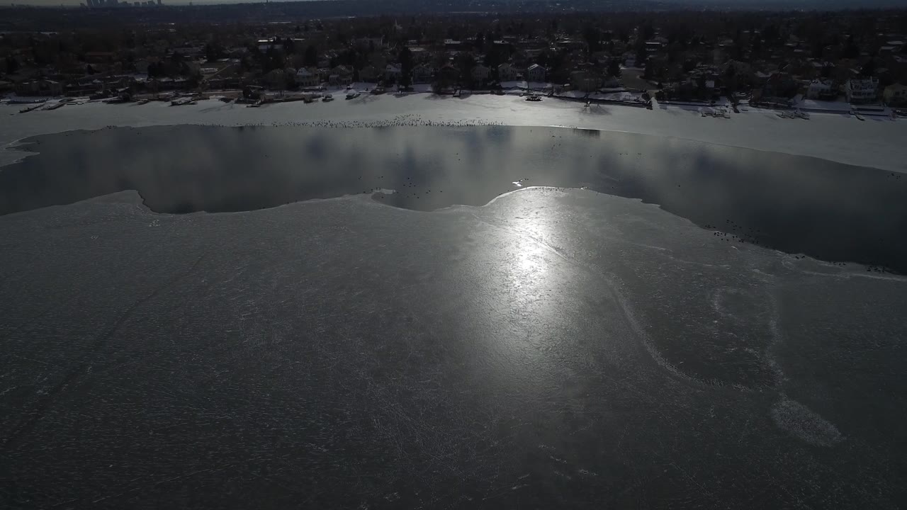 Black-and-white aerial view of reflective ice or floodwater beside a residential shoreline.