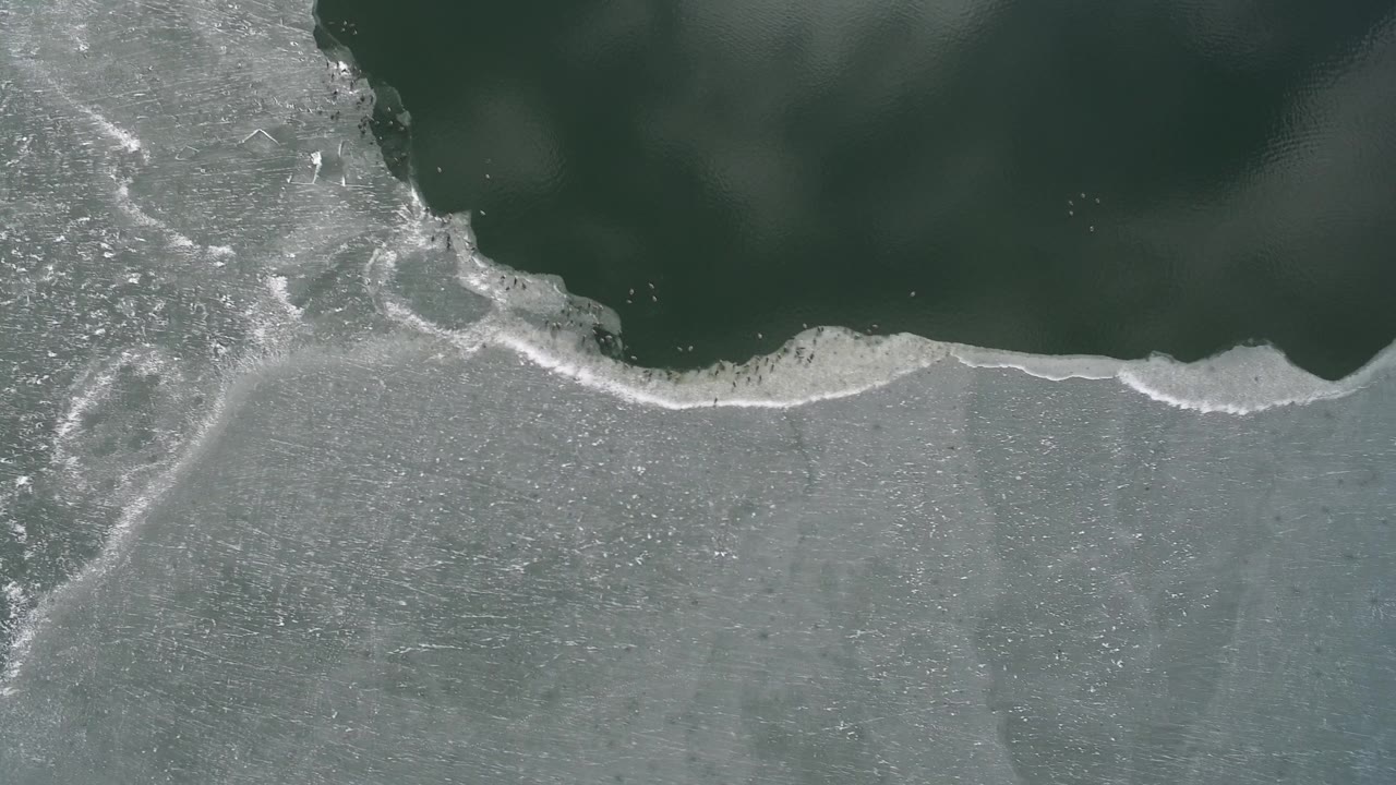Top-down Hidden Lake, Colorado frame with dark water curving across the upper portion, pale gray ice below, small white ice fragments, and no visible people.