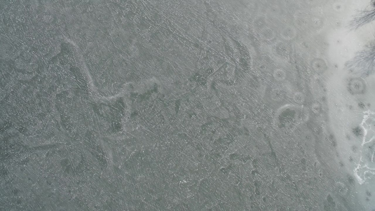 Gray ice field with a pale vertical strip and small circular spots.