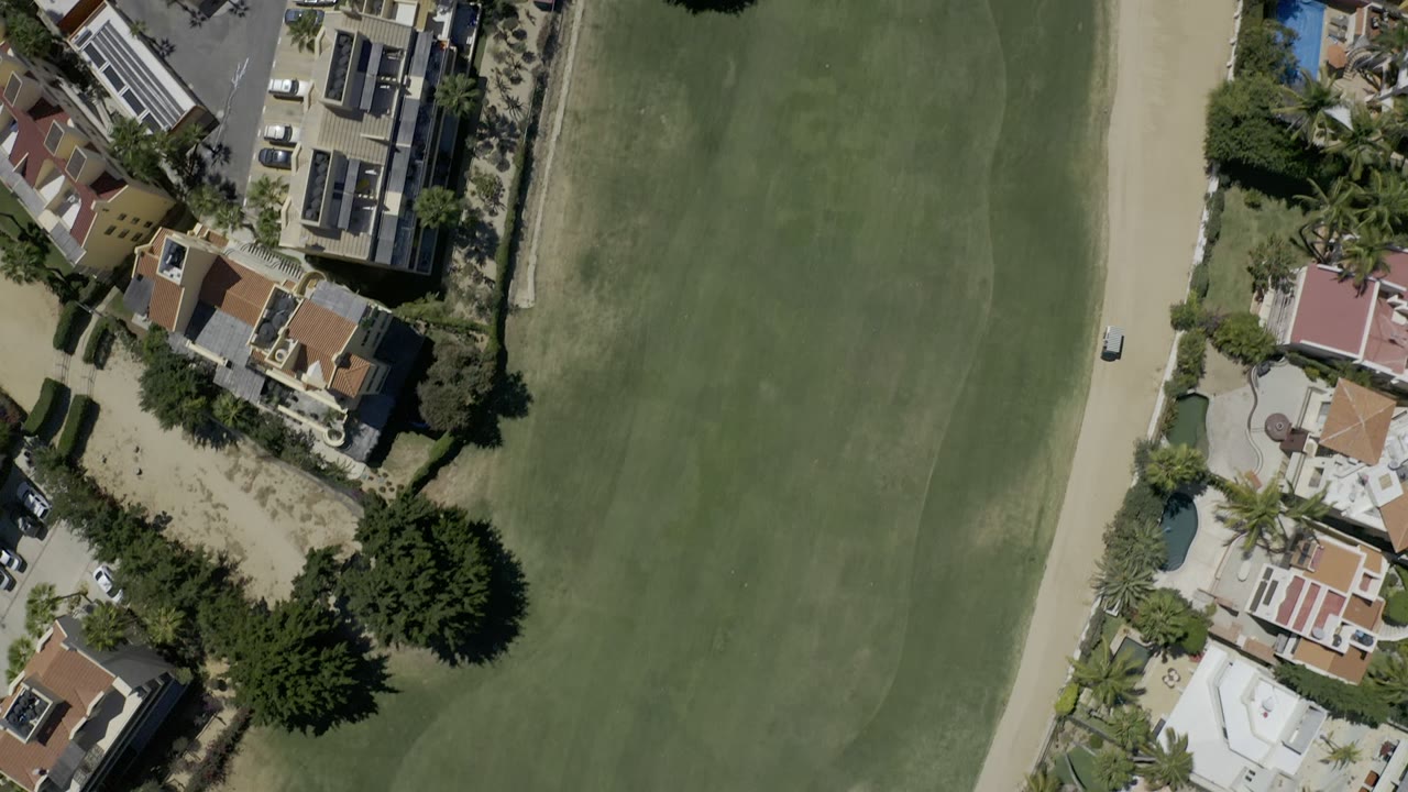 Top-down Los Cabos aerial frame with homes, palm trees, a small blue pool, parked cars, a pale path, green course grass, and no visible people.