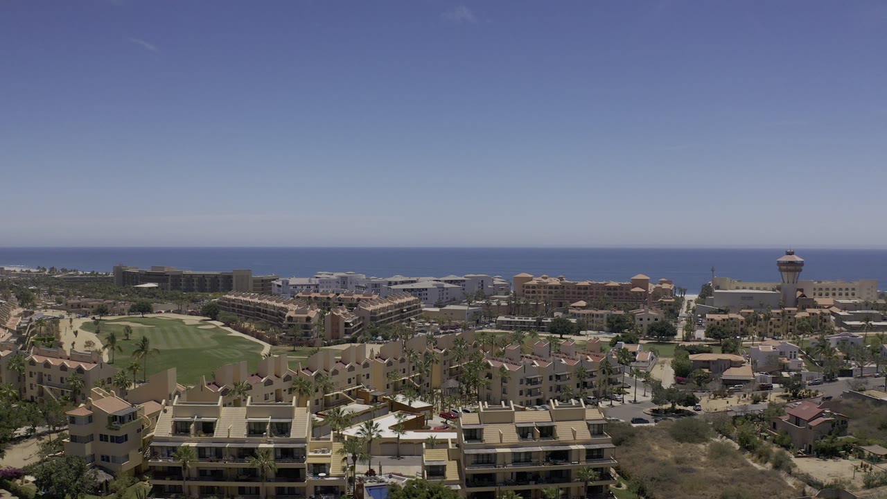 Overhead urban resort area with ocean in the background