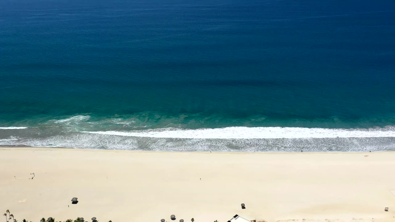 Overhead view in Los Cabos, Mexico with dark blue ocean, a white surf band, pale sand, palm tops near the bottom edge, and no visible people.