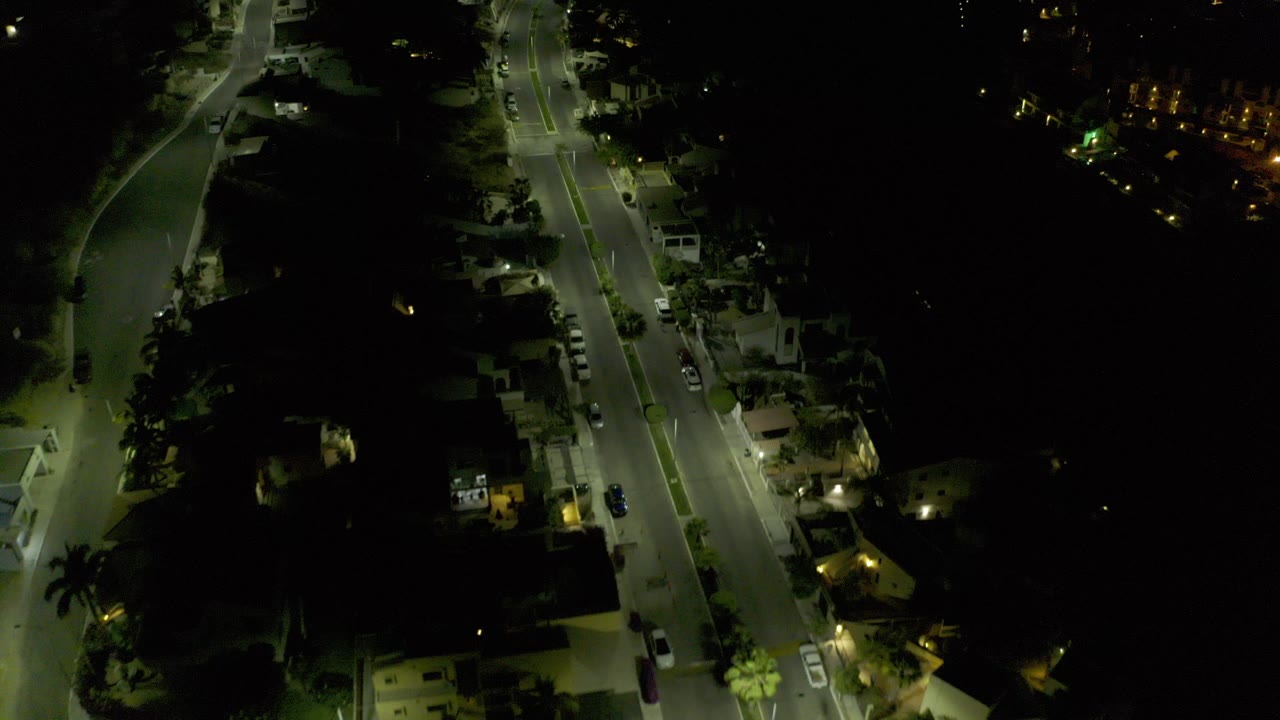Overhead nighttime view in Los Cabos, Mexico, showing a road lined with trees, houses, parked cars, and no visible people.