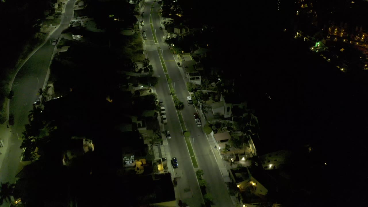 Dark neighborhood road seen from above with trees and houses