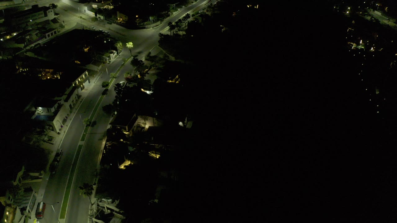 Overhead nighttime view of a curving street and intersection in Los Cabos, Mexico, with palms and buildings in shadow and no visible people.