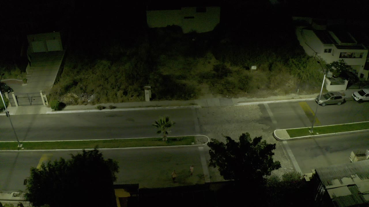 Overhead night view in Los Cabos, Mexico, showing a lit road, planted median, parked cars near homes, dark trees, and a small distant pedestrian on the sidewalk.