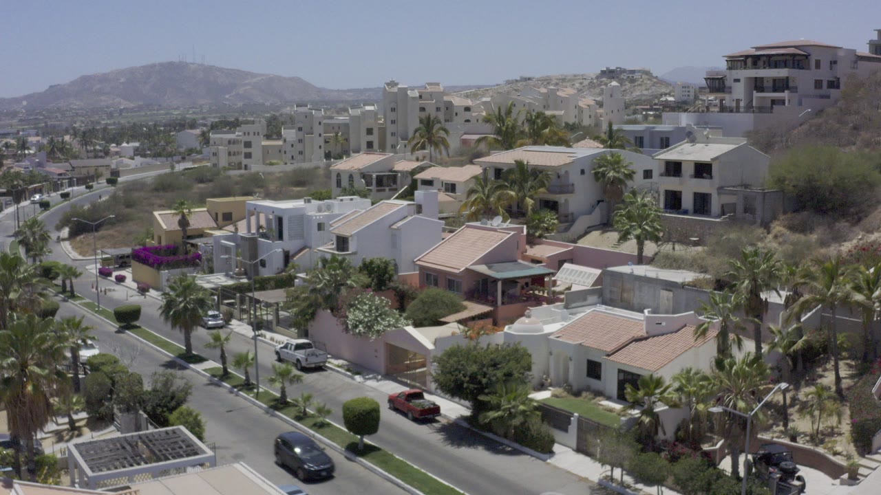 Elevated view of modern houses and a palm-lined road