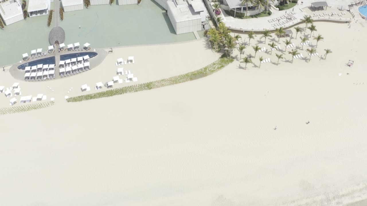 Aerial resort shoreline with beach chairs, palms, and buildings at the top edge.