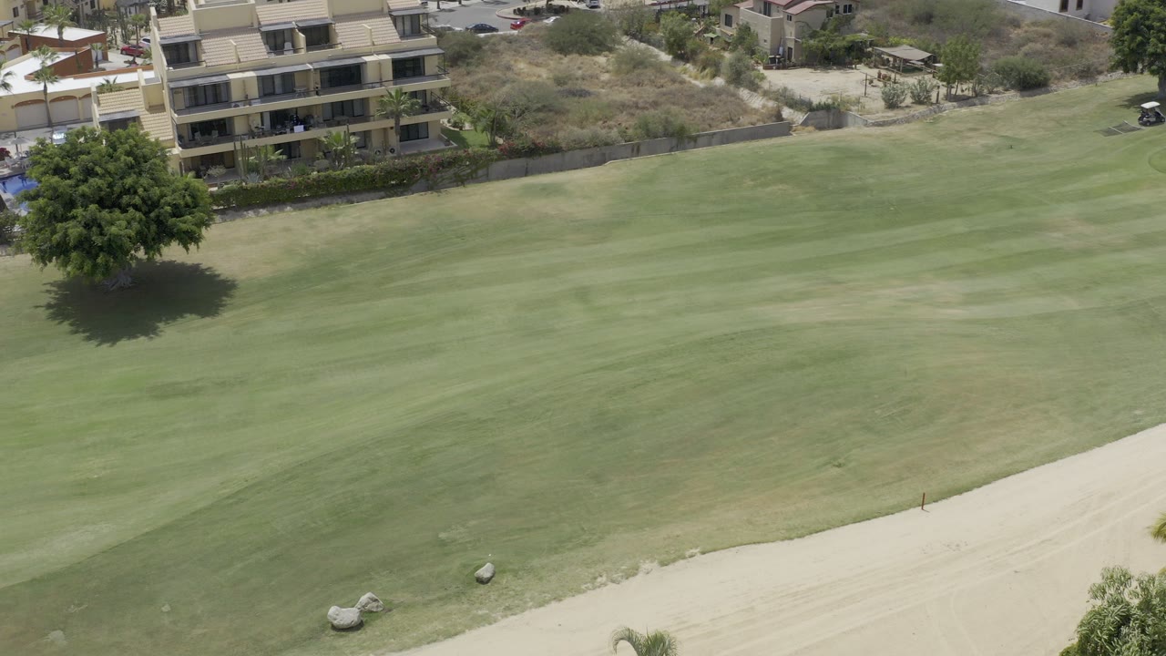 Aerial view of a green golf fairway, sand area, homes, and a large tree.
