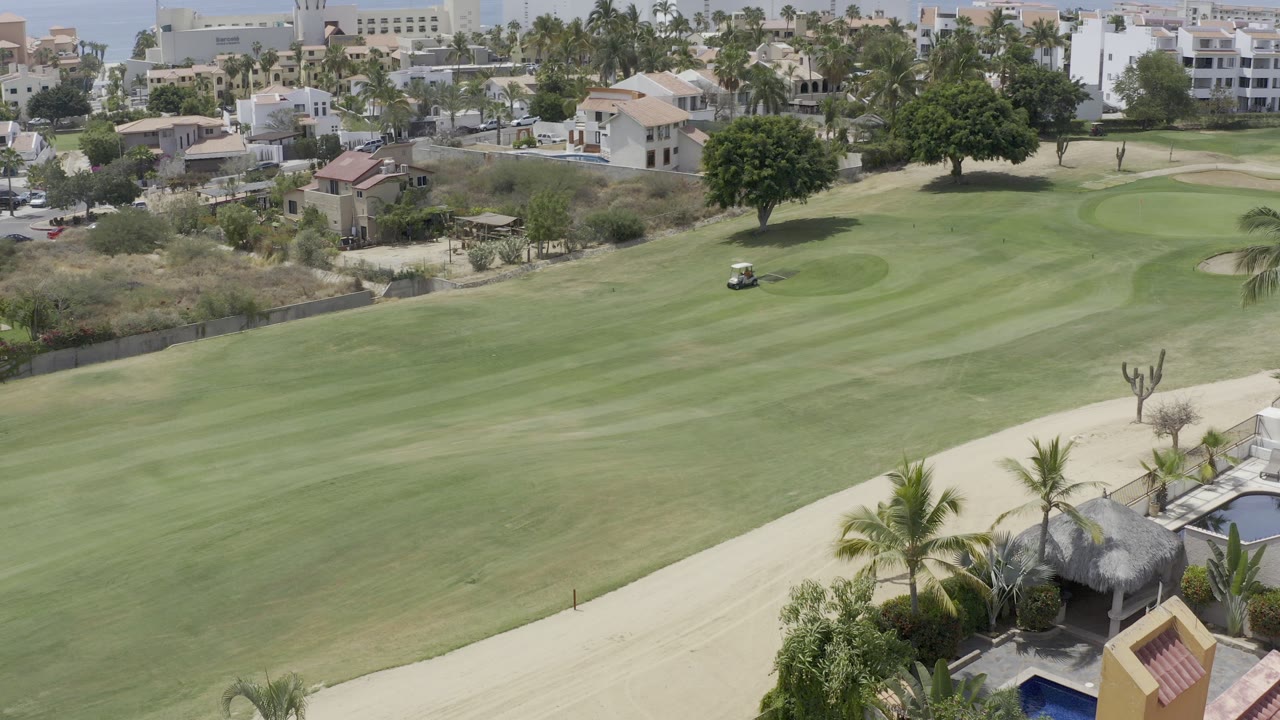 Elevated view over a green golf fairway with homes and palms